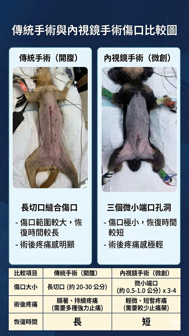 傳統手術與內視鏡手術傷口比較圖，呈現傷口大小與恢復差異