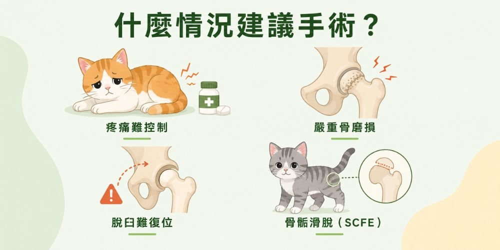 4種建議進行髖關節手術的情況:疼痛難控制、嚴重骨磨損、脫臼難復為、骨骺滑脫(SCFE)