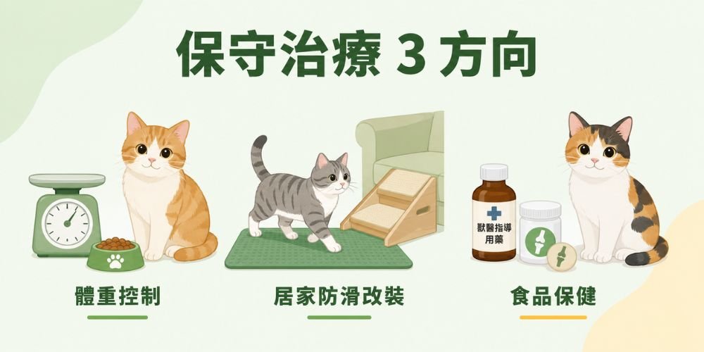 貓咪髖關節不開刀、保守治療的3個方向:嚴格控制體重、居家防滑改裝、關節保健或藥物輔助